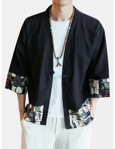 Men Printing Short Sleeve V Neck Loose Cotton Linen Coat