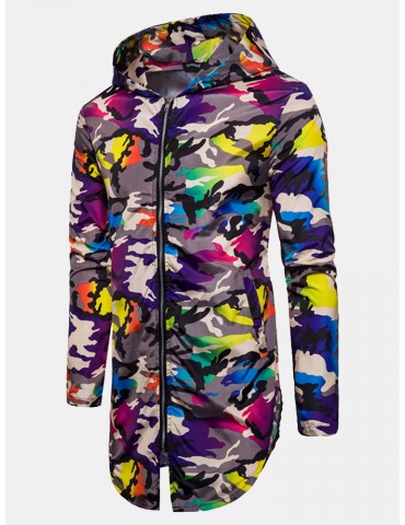 Outdoor Sunscreen Thin Mid Long Camouflage Printing Hooded Jacket for Men