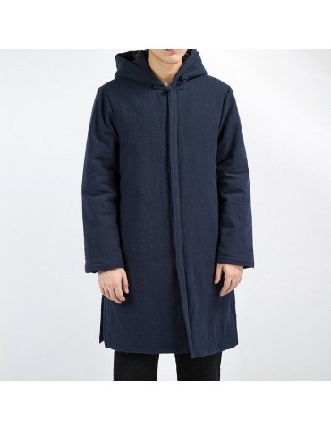 Mens National Cotton Linen Hooded Collar Solid Color Long Sleeve Thicken Coat Casual Midlong Jacket