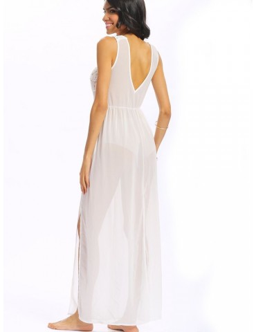 Woven Sexy Tassels Backless Sleeveless Slit O Neck Maxi Dress
