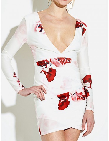Ink Floral Print Backless V-neck Long Sleeve Women Mini Dress