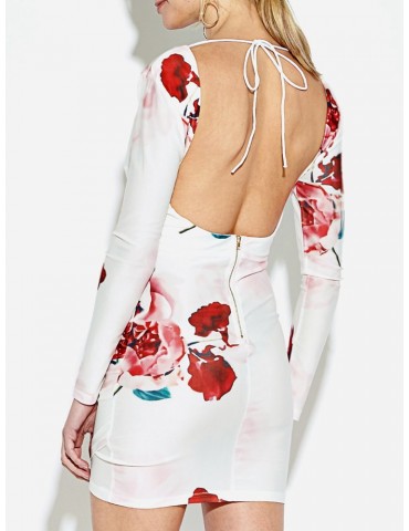 Ink Floral Print Backless V-neck Long Sleeve Women Mini Dress