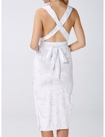 Velvet Deep V Backless Slit Hem Sleeveless Women Dress