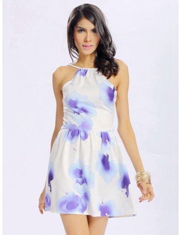Women Sexy Halter Neck Ink Print Backless Sleeveless Mini Dress