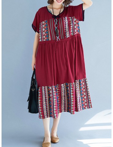 Vintage Ethnic Print Patchwork Short Sleeve Dress