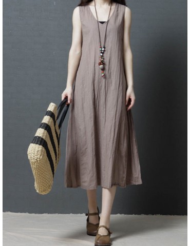 Loose Pockets Pure Color Pleated Sleeveless Vintage Dresses