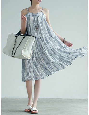 Stripe Patchwork Spaghetti Strap Vintage Mid-calf Dresses