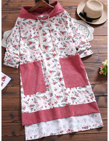 Vintage Floral Pocket Patch Hooded Corduroy Dress