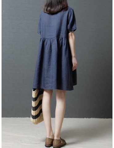 Short Sleeve Loose Embroidered O-neck Vintage Dresses