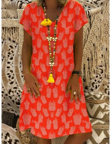 Pineapple Print Short Sleeve V-neck Casual Dress For Women