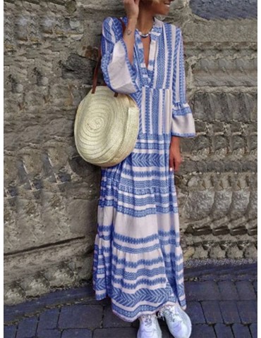 Patchwork Stripe Print Long Sleeve Maxi Dress For Women