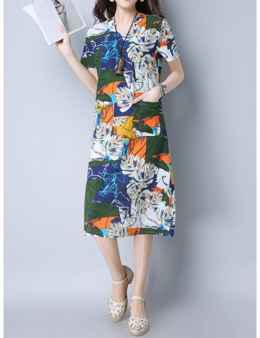 Vintage Random Print Short Sleeve V-neck Dress For Women