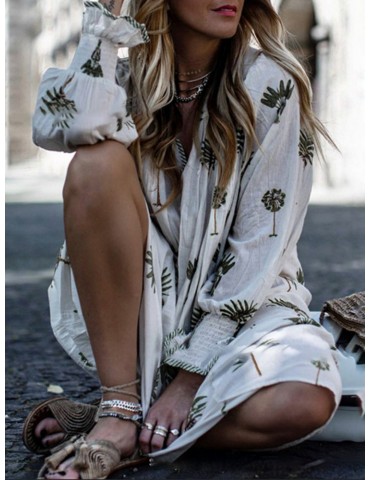 Bohemian Tree Print Long Sleeve Dress For Women