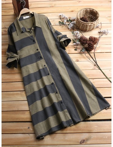 Patchwork Stripe Long Sleeve Lapel Vintage Shirt Dresses