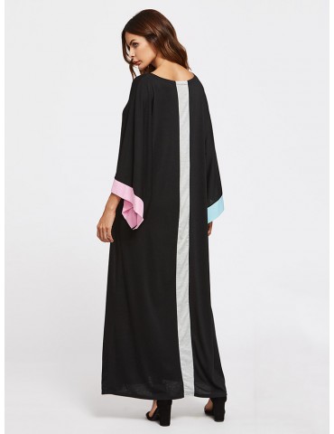Women Contrast Color Long Sleeve Loose Long Maxi Dresses