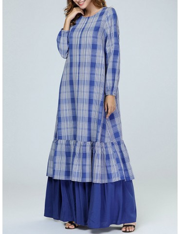 Loose Plaid Ruffle Blue Long Sleeve Dress