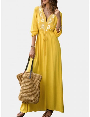Bohemian V-Neck Long Sleeve Floor Length Maxi Dress