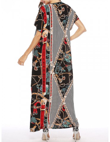 Vintage Asymmetric Print Batwing Sleeve Overhead Maxi Dress