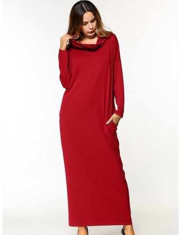 Casual Pure Color Turtleneck Long Sleeve Pockets Women Dresses