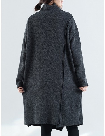 Women Turtleneck Split Pure Color Long Sleeve Casual Loose Dresses