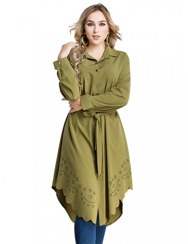 Long Sleeve Pure Color Buttons Shirt Dresses For Women