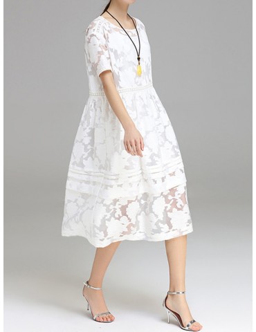 Women Jacquard O-Neck Short Sleeve Billowing Two-Piece Dresses