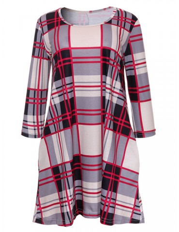 Plaid Women O-neck Long Sleeve Pockets Mini Dresses