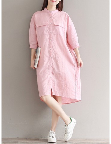 Casual Solid Color Loose Stand Collar 3/4 Sleeve Shirt Dress For Women