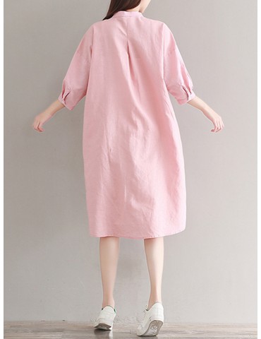 Casual Solid Color Loose Stand Collar 3/4 Sleeve Shirt Dress For Women