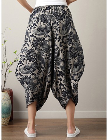 Ethnic Print Loose Irregular Elastic Waist Vintage Pants