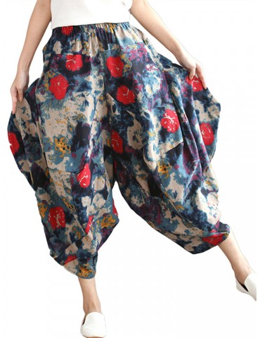 Leisure Loose Folk Print Pocket Harem Women Pants