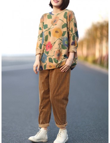 Harem Vertical Striped Solid Color Corduroy Pants