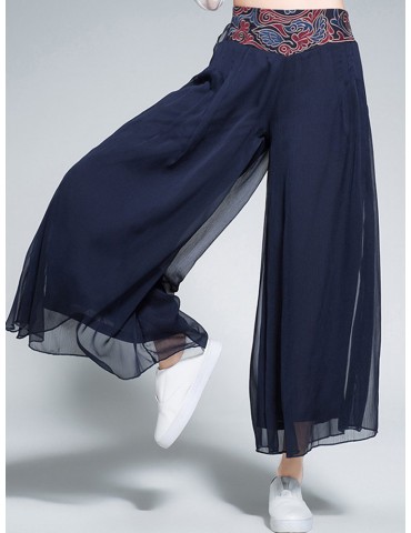 Ethnic Embroidery Patchwork Layered Wide Leg Women Pants