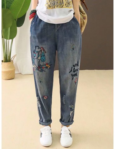 Casual Washed Old Embroidery Beautiful Letters Hole Loose Jeans