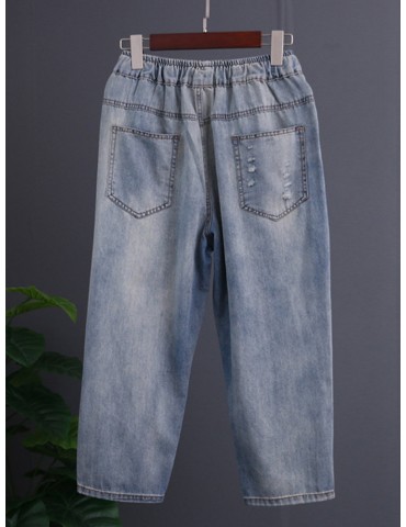 Vintage Embroidered Patch Elastic Waist Denim