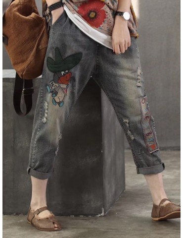 Casual Animal Patch Pockets Elastic Waist Denim