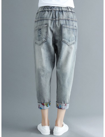 Embroidered Ripped Patchwork Drawstring Denim