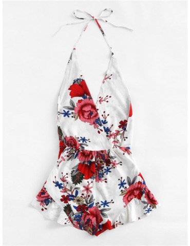 Sexy Backless Halter Floral Printed Bohemian Short Jumpsuits