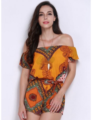 Women Casual Vintage Folk Off Shoulder Geo Print Short Sleeve Jumpsuit