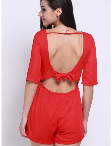 Women Sexy Backless Bandage Bow Half Sleeve O-neck Jumpsuits