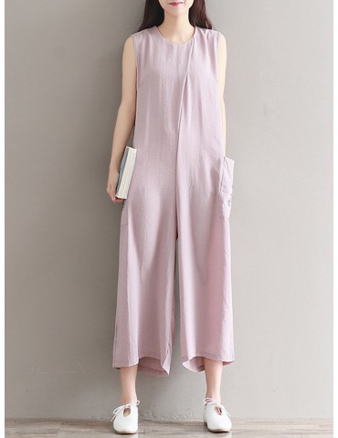 Women Vintage Sleeveless Pocket Back Zipper Wide Leg Jumpsuits