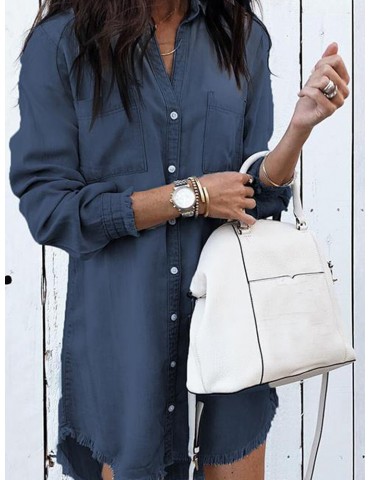 Casual Solid Color Button Long Sleeve Denim Blouse