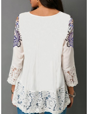 Chic Print Lace V-neck 3/4 Sleeve Blouse