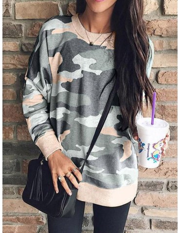 Camouflage Print Long Sleeve O-neck Blouse For Women
