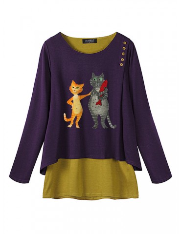 Casual Print Cat Long Sleeve Blouse For Women
