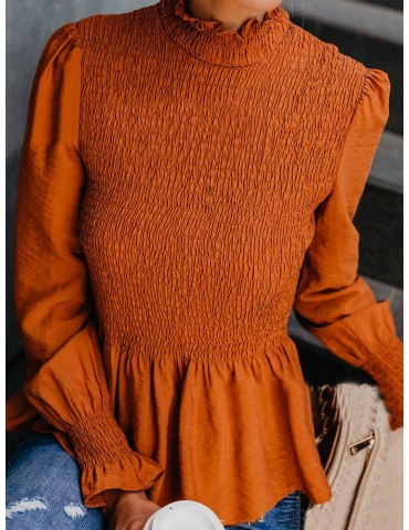 Chic Pleated Stand Collar Ruffled Poet Sleeve Blouse
