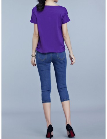 Casual Patchwork Short Sleeve Pile Collar T-shirt For Women