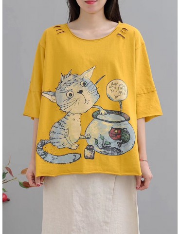 Casual Patch Distressed Half Sleeve Overhead T-Shirt