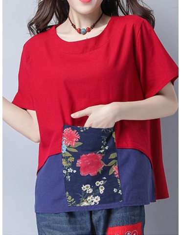 Women Short Sleeve Patchwork Pocket Vintage T-shirts