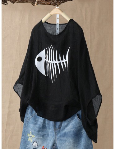 Casual Fish-bone Print 3/4 Sleeve Oversize T-Shirt